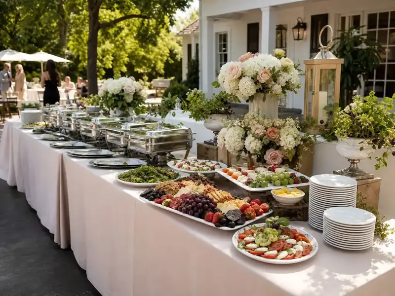 San Jose wedding buffet prepared with hot entrées, fruit and cheese platters, fresh salads, white linens, and professional serveware.